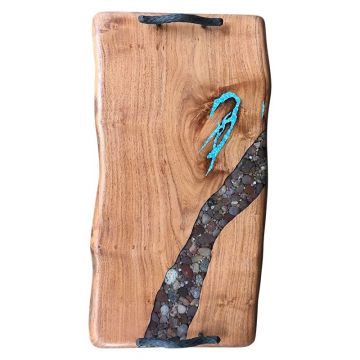 Mesquite Serving Tray w/ River Rock & Turquoise Inlay